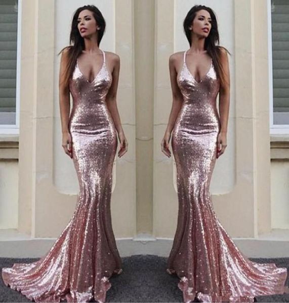 

rose gold sequins mermaid bridesmaid dresses 2020 halter backless sweep train maid of honor wedding guest dress junior brides1985838, White;pink