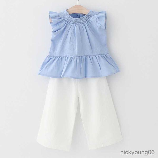 

clothing sets girls clothes suit 2023 new style sleeveless solid color long pants bow baby girl summer, White