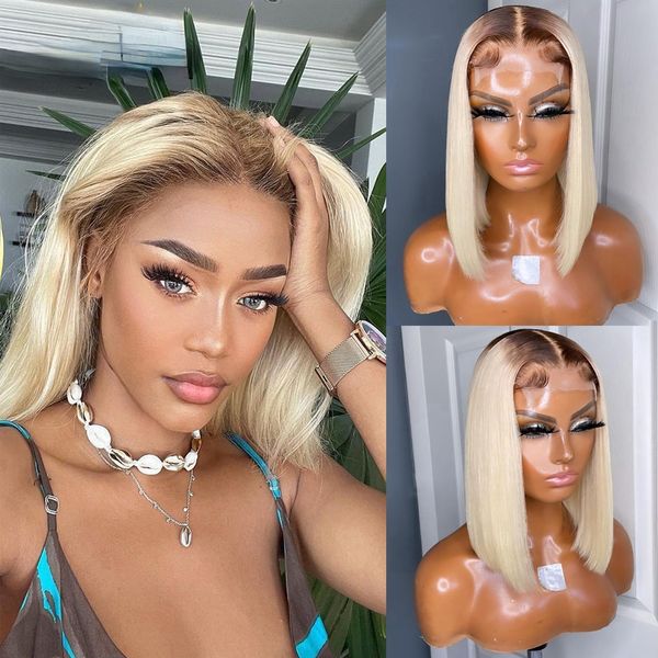 

new ombre honey blonde brazilian hair 13x4 lace front short bob wig transparent pixie cut 613 synthetic frontal wigs for women, Black