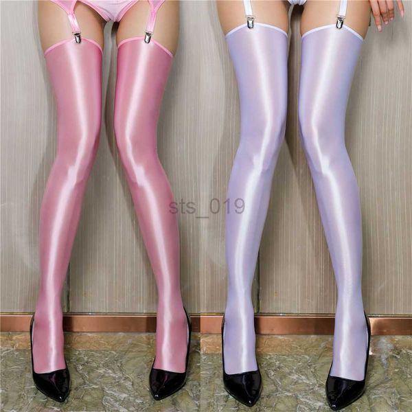 

socks cuban heel satin stockings women' high elastic smooth knee length stockings pole dance oil shiny cosplay hosiery for garters j23, Red;black