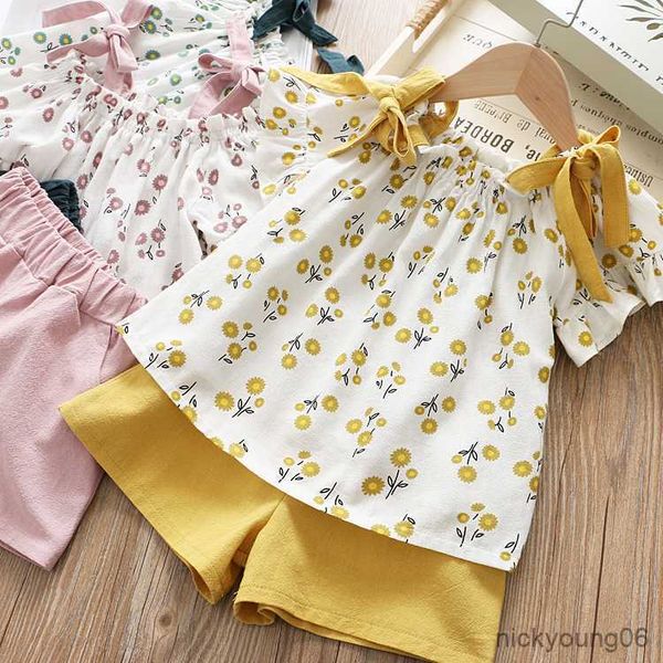 

clothing sets casual girls summer kids sleeveless floral t-shirt shorts pants 2pcs suit bow children girl, White
