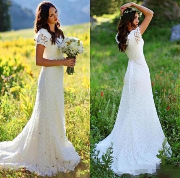 

stunning v neck full lace boho wedding dresses short sleeves beaded country style bridal gowns with crystals belt mermaid robes de9261741, White