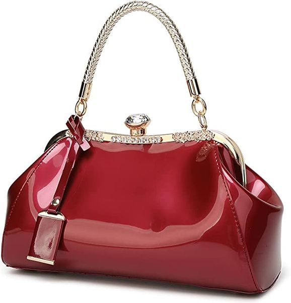 

glossy patent leather handbag for women handle tote bag evening shoulder bag wedding satchel retro purse, Red;black