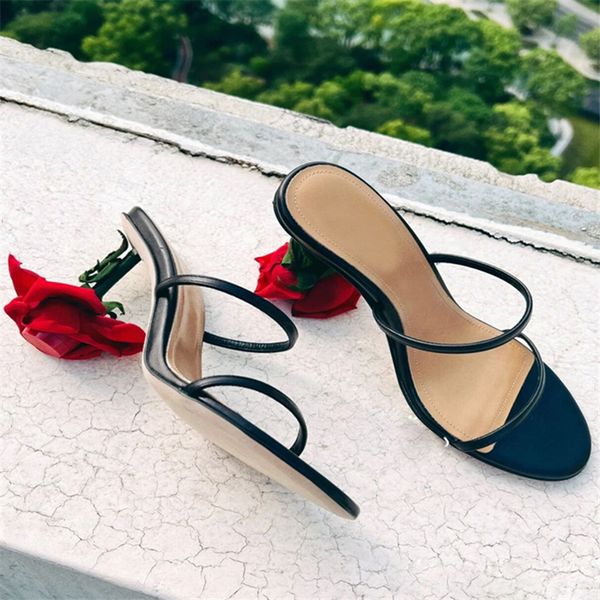 

designer rose heel women slippers strange high heel party dress shoes summer gladiator sandals female outside slides black