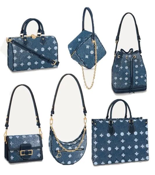 

designer women onthego denim shopping bag contrast stitch printed pochette cowhide leather neonoe bucket handbag purses tote crossbody
