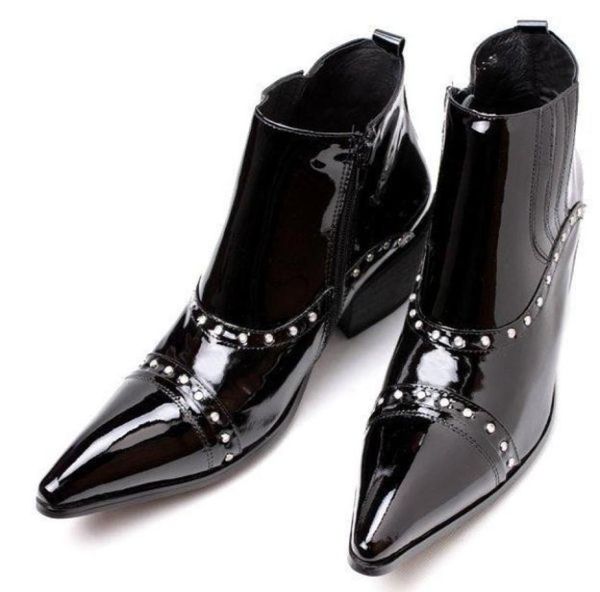 

italy type 65cm high heel men leather boots ankle pointed metal tip toe man boots short ankle motorcycle botas hombre big sizes 1818622, Black