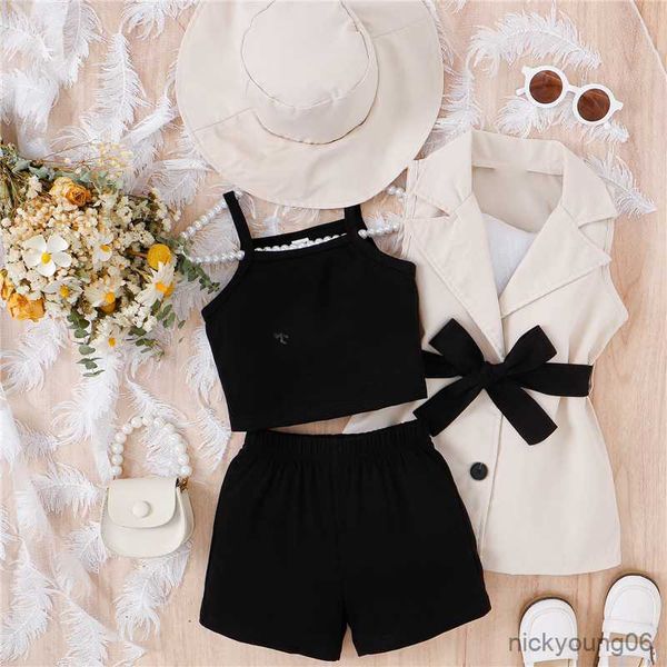 

clothing sets girls summer outfit fashion kid children solid color tank and elastic shorts belted vest coat hat 4pc, White