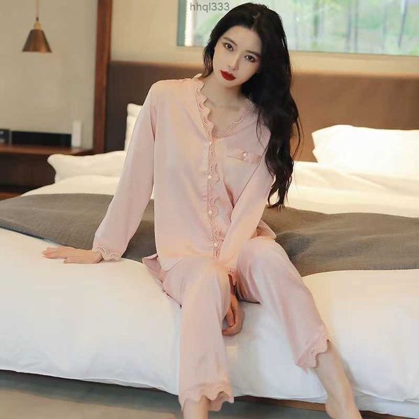 

3e69 mji2 b938 women's two piece pants women's pajamas sets woman pajama party summer v neck design suit long sleeve trousers set, White