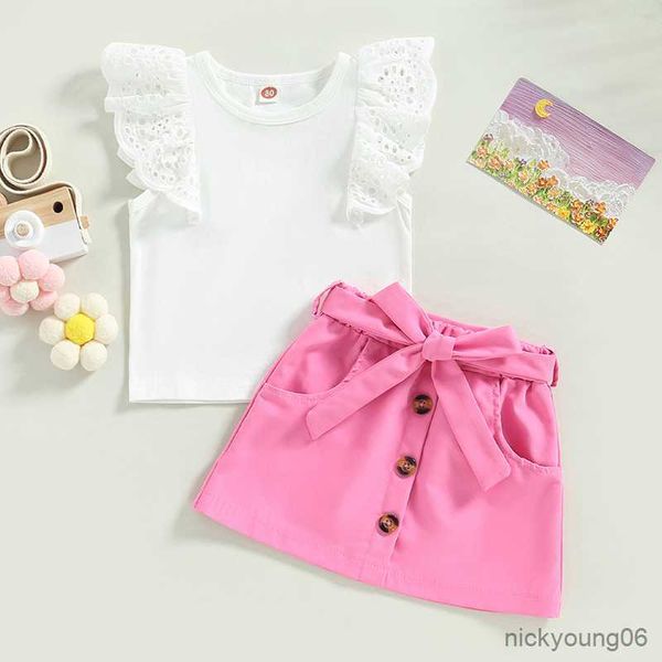 

clothing sets children kid girls summer outfit white flying sleeve neck and solid color button skirt with belt