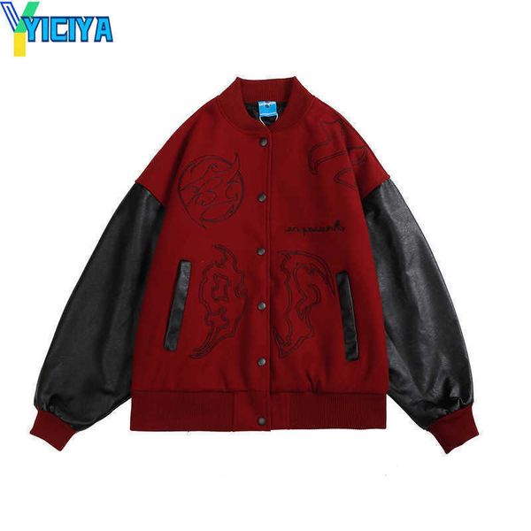 

yiciya mens patchwork baseball jackets hip hop varsity retro embrodiery bomber coats streetwear harajuku casual varsity college jacket, Black;brown