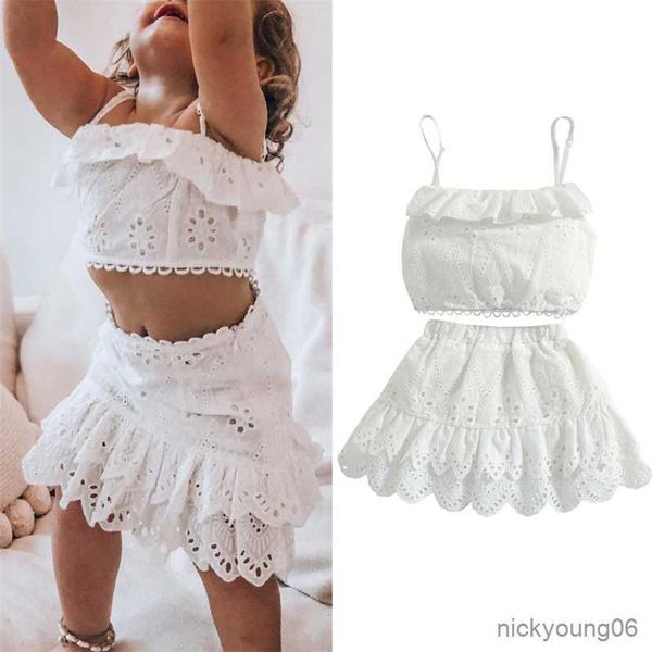 

clothing sets 2pcs kid baby girls summer clothes set sleeveless hollow ruffle camisole and high waist skirt sweet outfit, White