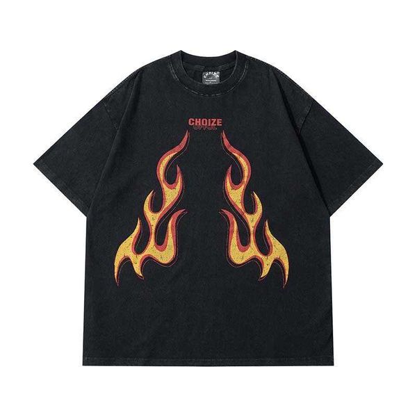 

high street flame letter printing short sleeve t-shirt men's fashion loose washed old round neck top, White;black