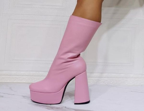 

plain gothic booties black pink strech leather midcalf boots female autumn zipper 15cm block chunky high heels platform shoe1068736
