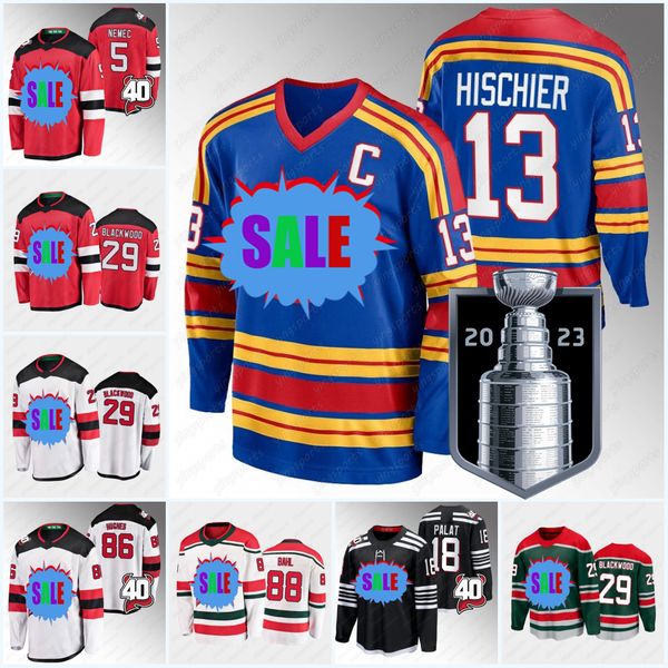 

#86 jack hughes new jersey jerseys 13 nico hischier 7 dougie hamilton 88 kevin bahl 91 dawson mercer 29 mackenzie blackwood 33 ryan graves 4, Black;red