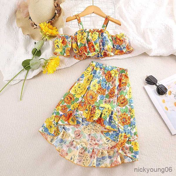 

clothing sets kids casual outfits for girls summer floral print strap half skirts 2pcs fashion children clothes, White