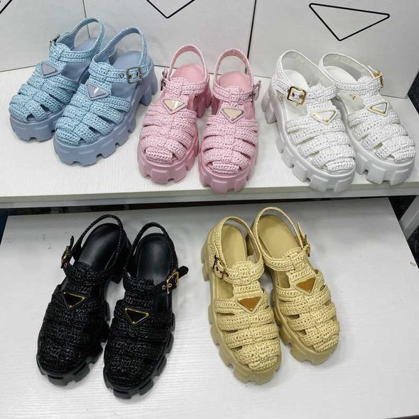 

monolith crochet cage sandals designer black beige yarn enameled metal trianlge logo platform foam rubber sandal 55mm roman summer shoes raf