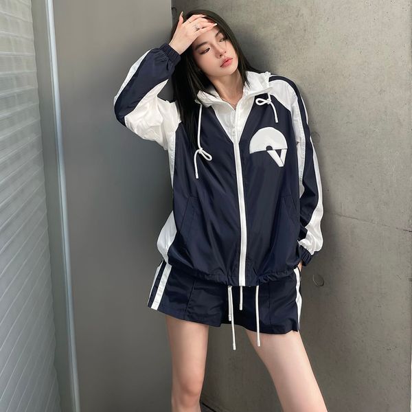 

designer lady summer autumn two piece pants luxury thin hooded long sleeve splicing jacket and shorts set szfp28189 leisure street fashion w, White