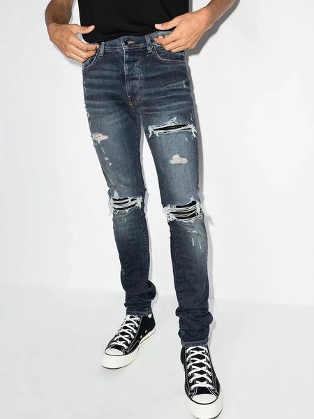 

mens cool rips stretch designer jeans distressed ripped biker slim fit washed motorcycle denim men s hip hop fashion man pants a2a, Blue