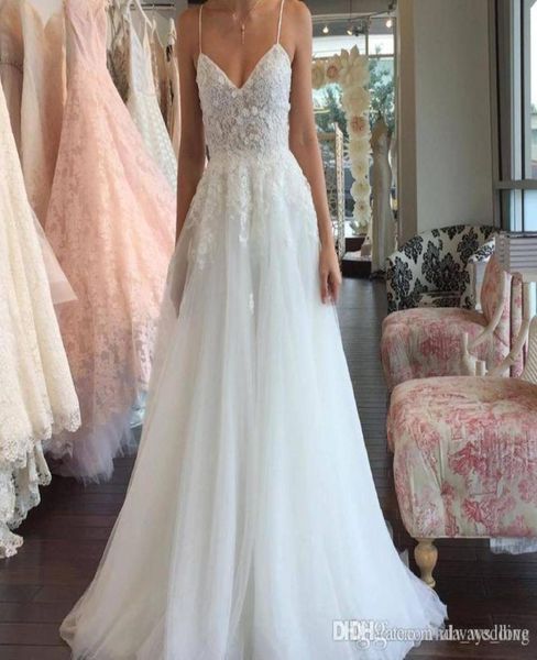 

2019 bohemian summer white wedding dress a line spaghetti straps with lace applique country garden bridal gown custom made plus si1014080