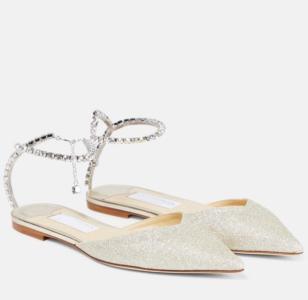 

23 summer luxury saeda sandals women's flat bottom crystal chain strap sparkling pointed beautiful women's walking luxury shoes eu, Black