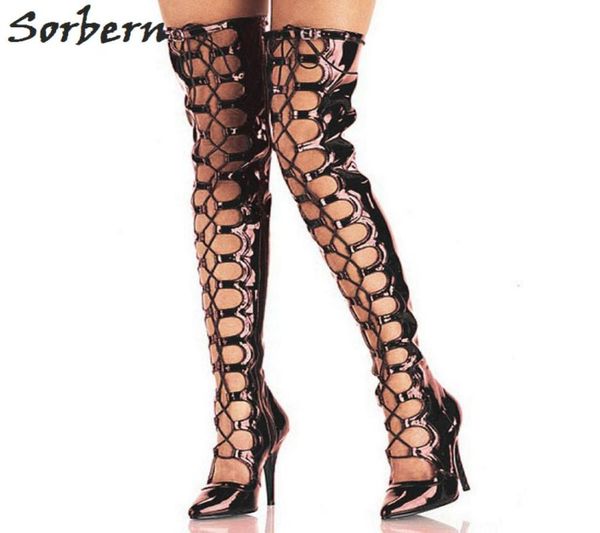 

sorbern red women boots long patent leather pu 12cm high heel laceup front stilettos heeled boots thigh high pointed toe custom c1589059, Black