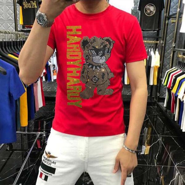 

men's rhinestone t-shirt trendy bear pattern design pure cotton male short sleeves tees summer homme casual streetwear clothing, White;black