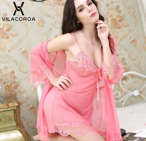 

lace mesh bathrobe set women transparent sleepwear robe camis panties 3 piece sets lounge set femme hiver home dress v1918862839, Red;black
