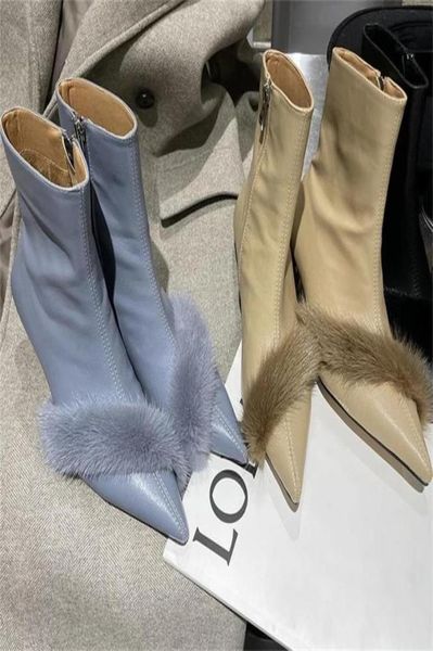 

fashion women fur ankle boots pointed toe side zipper ladies sock shoes black blue beige winter pumps shoe women short bootss high2035545