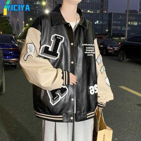

yiciya men s jackets winter men varsity leather jacket mens letters embroidery patchwork harajuku air pilot overcoat baseball coats male, Black;brown