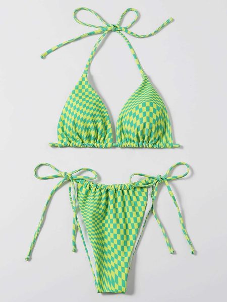 

2023 bikini women's split swimwear green plaid swimwear bikini set, White;black