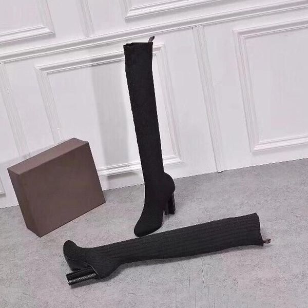 

autumn winter socks heeled heel long boots fashion knitted elastic designer shoes alphabetic women shoes lady letter thick high heels large, Black