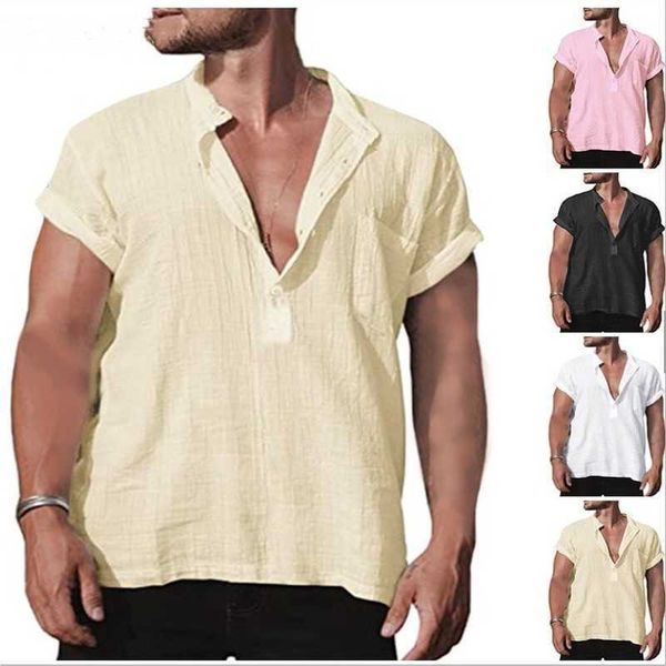 

mens summer linen loose standing neck solid pocket short sleeve shirt, White;black