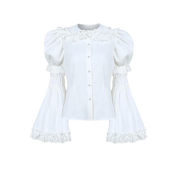 

t-shirt goth black chic new lolita japanese princess style shirt harajuku long gigot sleeve chiffon bowknot lace sweet blouse women, White