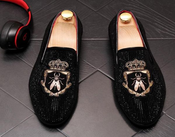 

new luxury gold crown spikes flat leather shoes rhinestone fashion men embroidery loafer dress shoes smoking slipper casual 38447380433, Black