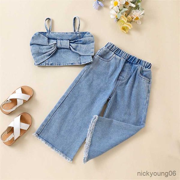 

clothing sets 2-7y kids girls fashion denim pant outfits baby strap bow tank and elastic waist jeans children summer clothes, White
