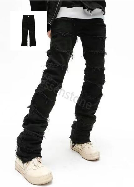 

men's black jeans mens retro patchwork flared pants grunge wild stacked ripped long trousers straight y2k baggy washed faded for man bl, Blue