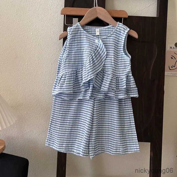 

clothing sets plaid baby girls sleeveless pants children's kids clothes suit cotton costume 2pcs outfits, White