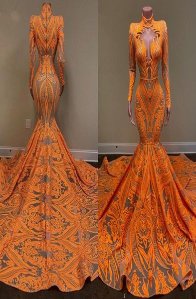 

long sleeve high neck arabic prom dresses 2022 mermaid style orange sequin applique african blacl girls evening gala gowns3343755, Black