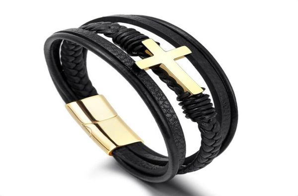 

new fashion multilayered black leather stainless steel cross charm bracelets for men gift6453846, Golden;silver