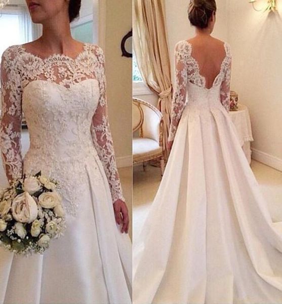 

fanty jewelry neck long sleeves lace applique bodice court train wedding dress open back bridal gowns vestido de noiva curto8616668, White