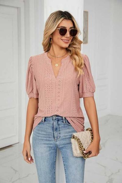 

quality high summer women's clothing vneck bubble puff sleeve women blouse hollow out loose casual tshirt dpkz, White