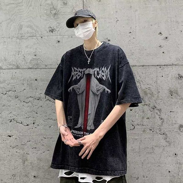 

washed old short sleeved t-shirt for men's summer high street trendy clothing loose oversized t-shirt, White;black