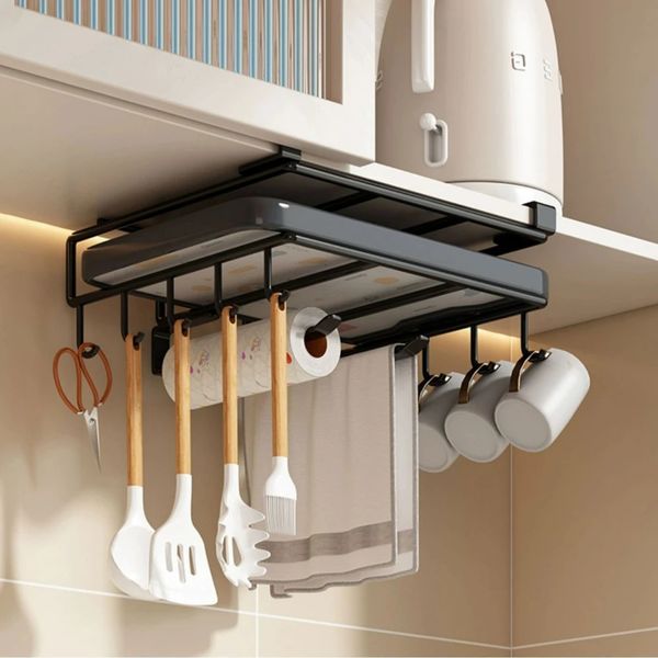 

Lid Holders Under Cupboard Paper Towel Rags Hanger Cutting Board Pot Cover Holder Storage Shelf Kitchen Hanging Organizer Rack with Hooks 231201