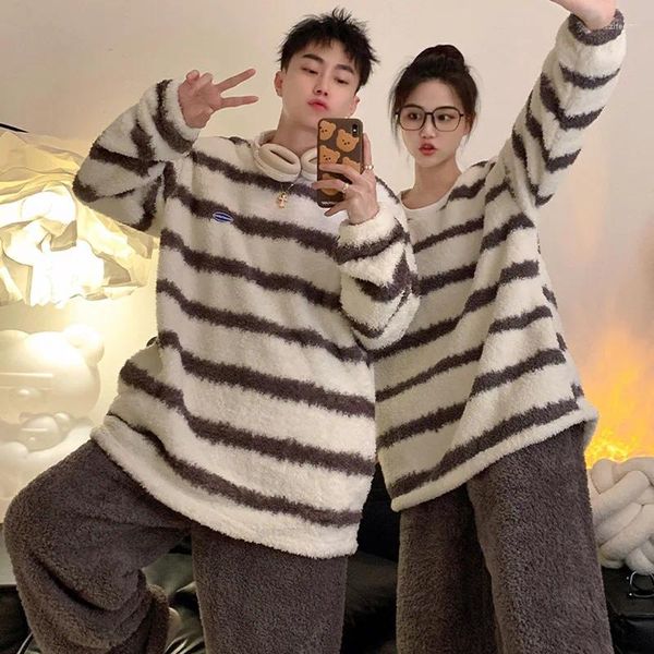 

Mens Sleepwear Autumn And Winter Striped Couple Pajamas Thickened Coral Velvet Womens Flannel Warm Home Clothing Set, Man