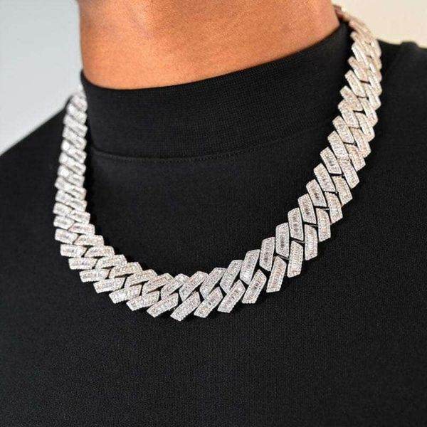 

Hip Hop 18Mm Out Moissanite Sterling Sier Full Iced Cuban Chunky Link Chain Box Clasp Baguette Men Necklace