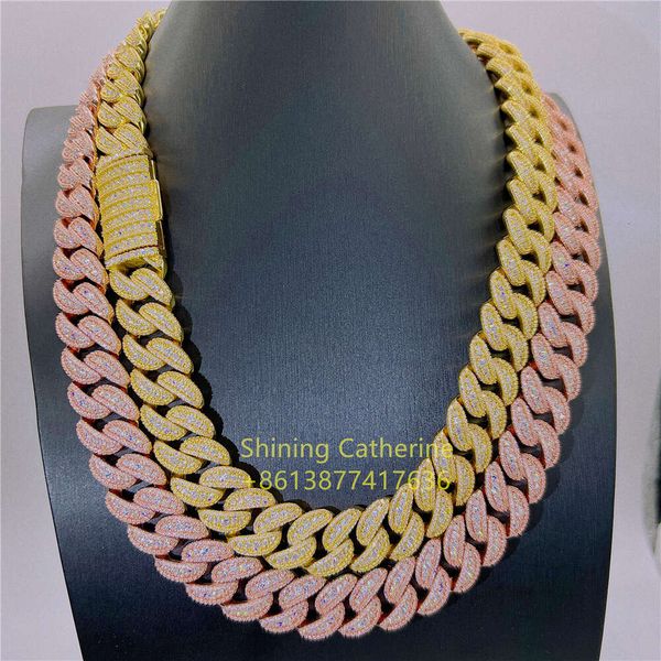 

Jewelry 20Mm 3 Rows Rose Gold Prong Setting Iced Out VVS Moissanite Diamond Cuban Link Chain