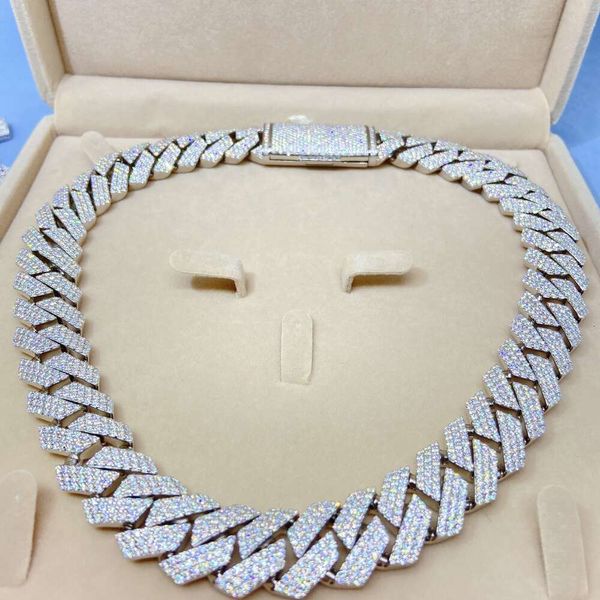 

20Mm Width Three Rows Hand Setting Iced Moissanite Diamond Sier Hiphop Men Trendy Cuban Chain Necklace