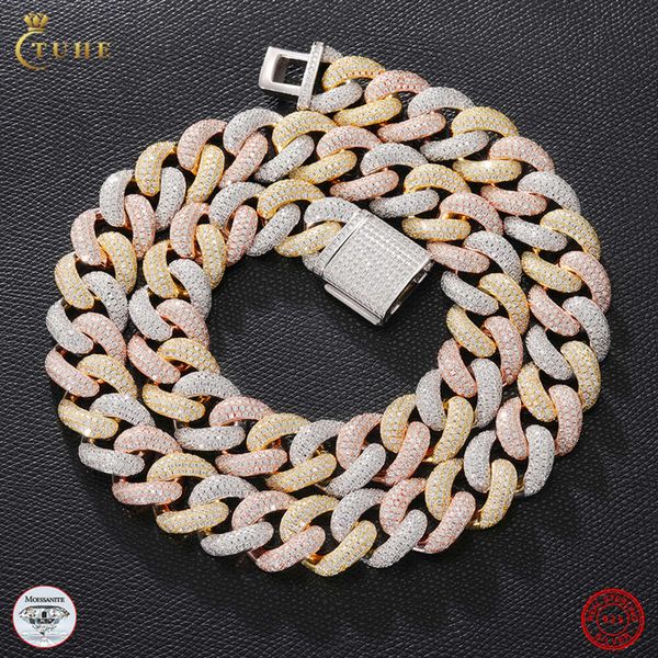 

OEM ODM Service Fine Jewelry 3 Tones Custom Sterling Sier VVS Moissanite Iced Out Cuban Link Chain Necklace For Men