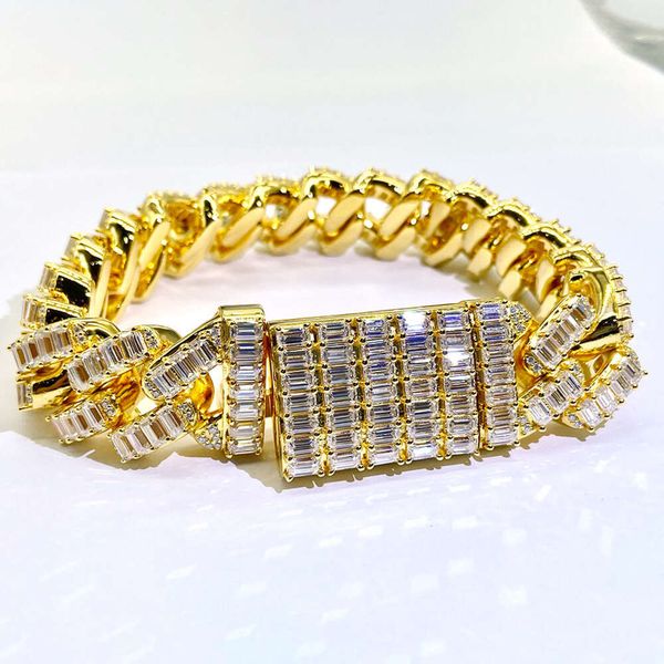 

AAA GEMS Emerald Cut Moissanite Cuban Chains Solid Sterling Sier Hip Hop Baguette Bracelet For Rapper