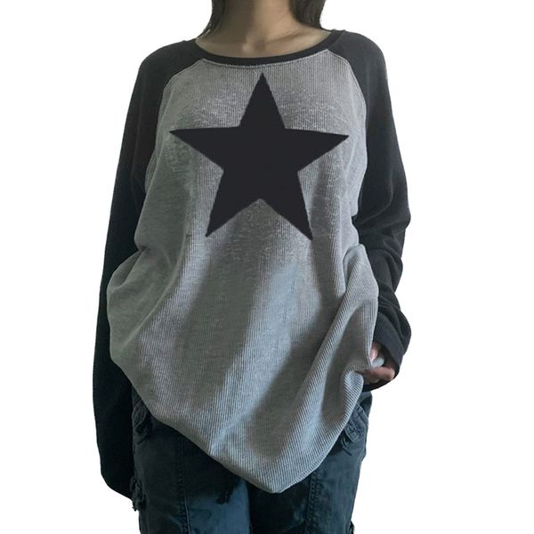 

New Personality Patchwork Women's Y2k Long-sleeved Shirt Pattern T-shirt Autumn Vintage Street T-shirt Oversized T-shirt, Black